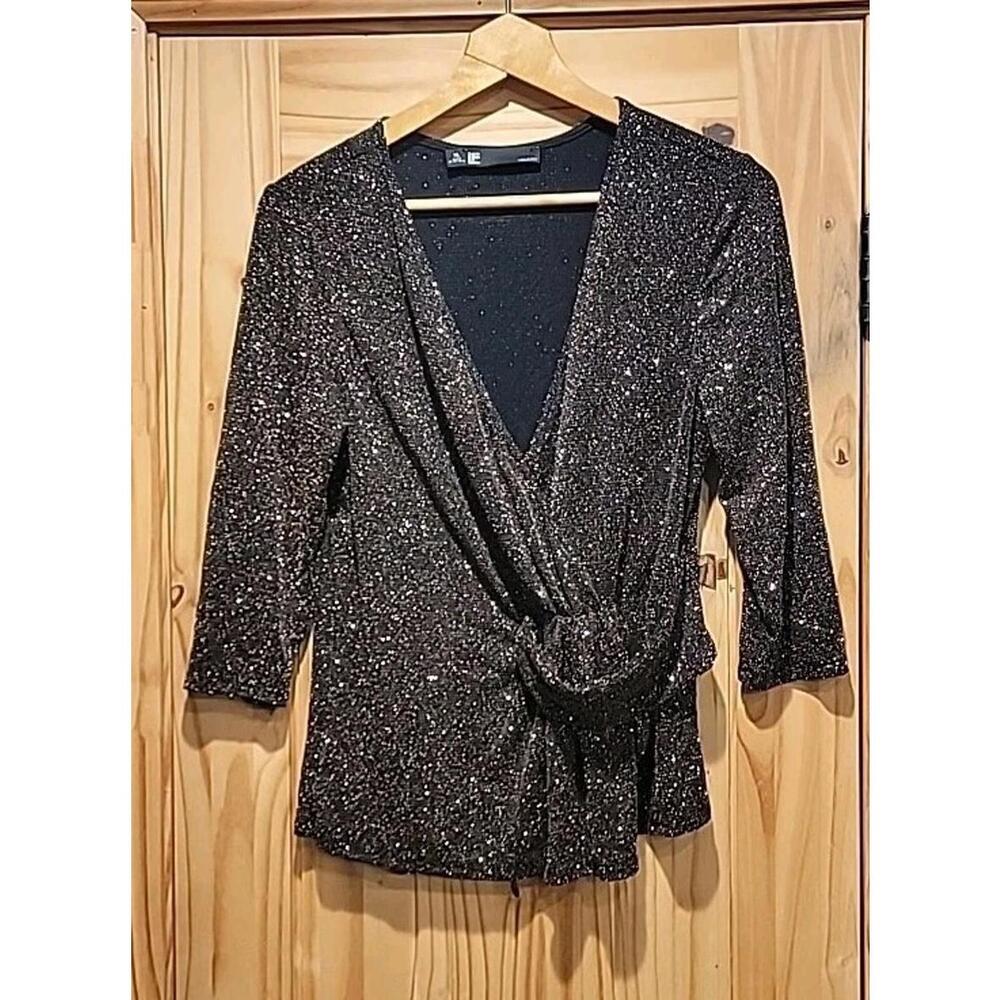 Leslie Fay Women's Blouse Black Gold Metallic Cocktail Dressy Top 3/4 Sleeve